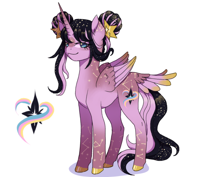 Size: 1754x1440 | Tagged: safe, artist:clown-bread, derpibooru import, oc, unofficial characters only, alicorn, pony, alicorn oc, butt wings, constellation, female, folded wings, full body, hair bun, horn, image, magical lesbian spawn, mare, offspring, palindrome get, parent:princess cadance, parent:princess luna, png, shadow, simple background, smiling, solo, standing, tail, transparent background, wings