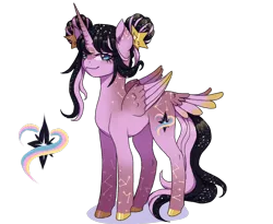 Size: 1754x1440 | Tagged: safe, artist:clown-bread, derpibooru import, oc, unofficial characters only, alicorn, pony, alicorn oc, butt wings, constellation, female, folded wings, full body, hair bun, horn, image, magical lesbian spawn, mare, offspring, palindrome get, parent:princess cadance, parent:princess luna, png, shadow, simple background, smiling, solo, standing, tail, transparent background, wings