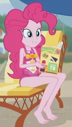 Size: 473x826 | Tagged: safe, derpibooru import, screencap, pinkie pie, equestria girls, equestria girls series, friendship math, barefoot, clothes, feet, happy, image, magazine, png, solo, swimsuit, tiptoe