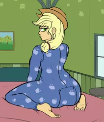 Size: 2649x3130 | Tagged: suggestive, artist:thehuskylord, derpibooru import, edit, applejack, equestria girls, applejack's bedroom, applejack's house, ass, bed, bedroom, bedroom eyes, breasts, butt, cowboy hat, end table, feet, hat, image, looking at you, looking back, looking back at you, onesie, picture frame, png, smiling, smiling at you, solo, window