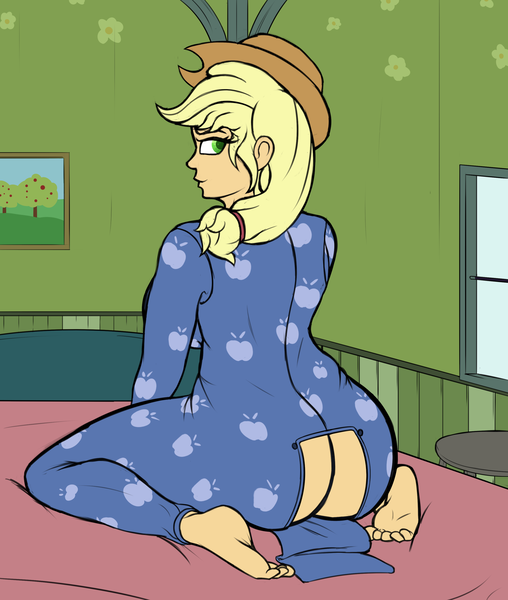 Size: 2649x3130 | Tagged: questionable, artist:thehuskylord, derpibooru import, applejack, equestria girls, applejack's bedroom, applejack's house, ass, bed, bedroom, bedroom eyes, breasts, butt, butt flap, cowboy hat, end table, feet, hat, image, looking at you, looking back, looking back at you, onesie, picture frame, png, smiling, smiling at you, solo, window