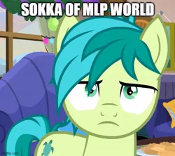 Size: 563x500 | Tagged: safe, derpibooru import, edit, edited screencap, screencap, sandbar, earth pony, pony, the hearth's warming club, avatar the last airbender, cropped, image, jpeg, looking at you, sandbar is not amused, sokka, solo, unamused