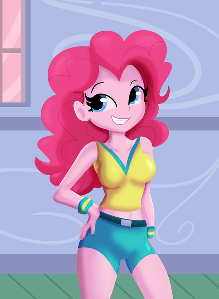 Size: 3300x4509 | Tagged: safe, artist:tjpones, derpibooru import, pinkie pie, equestria girls, breasts, busty pinkie pie, clothes, hand on hip, image, png, shorts, smiling, solo, sweatband