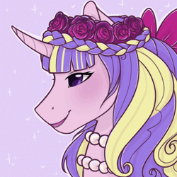 Size: 500x500 | Tagged: safe, artist:royvdhel-art, derpibooru import, oc, unofficial characters only, pony, unicorn, animated, blinking, bust, commission, female, floral head wreath, flower, gif, image, jewelry, lipstick, mare, necklace, pearl necklace, pink background, simple background, smiling, ych result