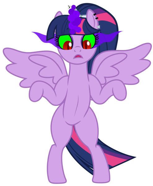 Size: 3992x4853 | Tagged: safe, artist:severity-gray, derpibooru import, twilight sparkle, twilight sparkle (alicorn), alicorn, pony, alternate hairstyle, ankha zone, bipedal, dark magic, eyeshadow, female, image, magic, magic aura, makeup, mare, meme, open mouth, parody, piercing, png, ponified meme, ponytail, red eyes, simple background, solo, sombra eyes, spread wings, standing, standing up, transparent background, unamused, wide eyes, wings