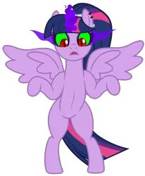 Size: 3992x4853 | Tagged: safe, artist:severity-gray, derpibooru import, twilight sparkle, twilight sparkle (alicorn), alicorn, pony, alternate hairstyle, ankha zone, bipedal, dark magic, eyeshadow, female, image, magic, magic aura, makeup, mare, meme, open mouth, parody, piercing, png, ponified meme, ponytail, red eyes, simple background, solo, sombra eyes, spread wings, standing, standing up, transparent background, unamused, wide eyes, wings