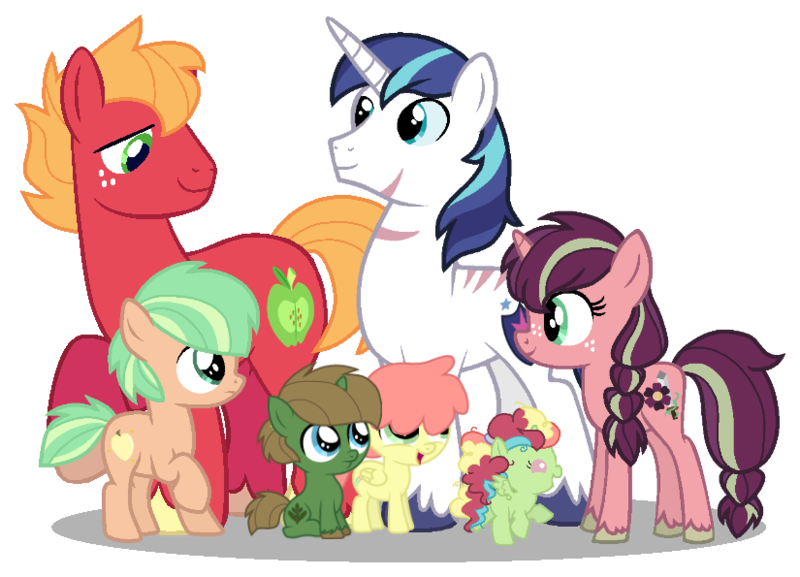 Size: 825x595 | Tagged: safe, artist:angrypanda1104, derpibooru import, big macintosh, shining armor, oc, oc:athena empire apple, oc:celestial harvest, oc:evergreen, oc:peach bright, oc:star fruit, earth pony, pegasus, pony, unicorn, base used, colt, family, female, filly, gay, image, infidelity, magical gay spawn, male, offspring, parent:big macintosh, parent:shining armor, parents:shiningmac, png, shiningmac, shipping, simple background, stallion, transparent background