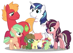 Size: 825x595 | Tagged: safe, artist:angrypanda1104, derpibooru import, big macintosh, shining armor, oc, oc:athena empire apple, oc:celestial harvest, oc:evergreen, oc:peach bright, oc:star fruit, earth pony, pegasus, pony, unicorn, base used, colt, family, female, filly, gay, image, infidelity, magical gay spawn, male, offspring, parent:big macintosh, parent:shining armor, parents:shiningmac, png, shiningmac, shipping, simple background, stallion, transparent background