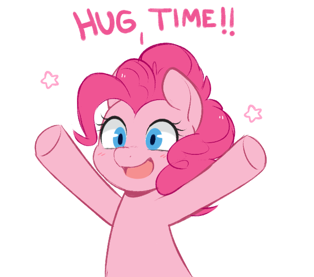 Size: 644x567 | Tagged: safe, artist:higgly-chan, derpibooru import, pinkie pie, earth pony, pony, blushing, cute, dialogue, diapinkes, female, happy, hug, image, incoming hug, mare, open mouth, png, simple background, solo, stars, surprise hug, text, white background