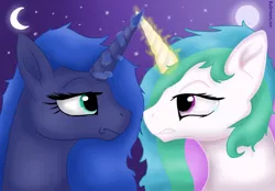 Size: 1440x1000 | Tagged: safe, artist:greenlion, derpibooru import, princess celestia, princess luna, alicorn, anthro, original species, pegasus, pony, conflict, duo, fanart, female, glow, glowing horn, horn, horns are touching, image, looking at each other, magic, moon, night, png, princess, royal sisters, siblings, sisters