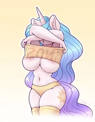 Size: 2728x3508 | Tagged: suggestive, artist:dandy, derpibooru import, princess celestia, alicorn, anthro, areola, areola slip, belly button, big breasts, breasts, busty princess celestia, clothes, ear fluff, erect nipples, female, gradient background, high res, horn, huge breasts, image, nipple outline, panties, png, shirt, shirt pull, socks, solo, solo female, stockings, thigh highs, underboob, underwear, undressing
