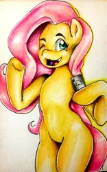 Size: 1024x1638 | Tagged: safe, artist:nolyanimeid, derpibooru import, fluttershy, pegasus, pony, bipedal, female, hoof hold, image, jpeg, looking at you, mare, missing cutie mark, mobile phone, one eye closed, open mouth, open smile, phone, selfie, smartphone, smiling, smiling at you, solo, traditional art, wink, winking at you