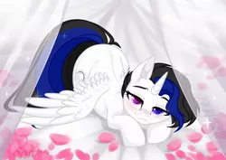 Size: 960x679 | Tagged: safe, artist:kawaiizhele, derpibooru import, oc, unofficial characters only, alicorn, pony, alicorn oc, bed, bedroom eyes, horn, image, looking at you, petals, png, rose petals, wings