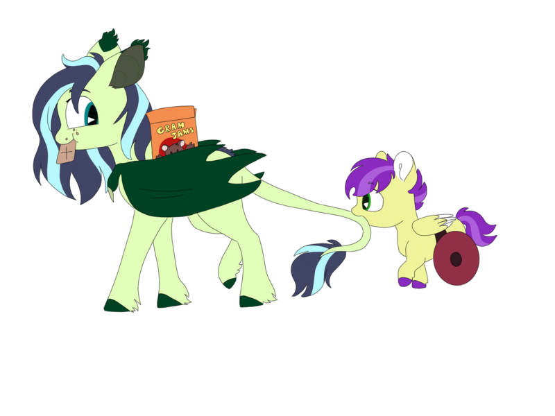 Size: 1280x960 | Tagged: safe, artist:doodletheexpoodle, derpibooru import, oc, oc:speed well, oc:whistle tune, unofficial characters only, bat pony, pegasus, pony, bat pony oc, bat wings, biting, brothers, colt, duo, graham cracker, image, male, mouth hold, offspring, parent:fluttershy, parent:soarin', parents:soarinshy, png, siblings, tail, tail bite, wheelchair, wings