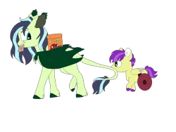Size: 1280x960 | Tagged: safe, artist:doodletheexpoodle, derpibooru import, oc, oc:speed well, oc:whistle tune, unofficial characters only, bat pony, pegasus, pony, bat pony oc, bat wings, biting, brothers, colt, duo, graham cracker, image, male, mouth hold, offspring, parent:fluttershy, parent:soarin', parents:soarinshy, png, siblings, tail, tail bite, wheelchair, wings