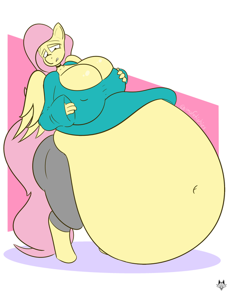 Size: 2500x3200 | Tagged: questionable, artist:imafetish, derpibooru import, fluttershy, anthro, pegasus, unguligrade anthro, belly, belly button, big belly, big breasts, breasts, busty fluttershy, choker, cleavage, clothes, erect nipples, female, fetish, huge belly, huge breasts, image, impossibly large belly, lidded eyes, mane, nipple outline, pants, png, shirt, solo, solo female, sweater, sweatershy, tail