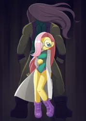 Size: 1280x1801 | Tagged: safe, artist:howxu, derpibooru import, fluttershy, human, boots, breasts, busty fluttershy, clothes, commission, fingerless gloves, flutterhulk, glasses, gloves, hair over one eye, humanized, image, jpeg, lab coat, leotard, marvel comics, muscles, muscleshy, pony coloring, she-hulk, shoes, solo