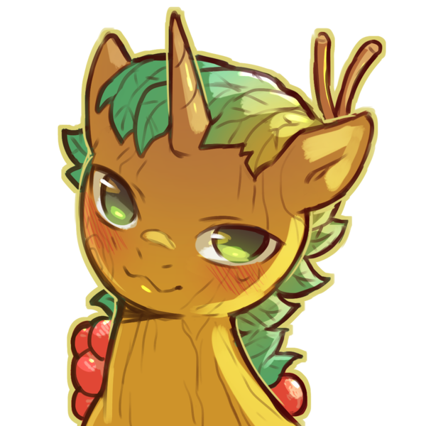 Size: 1159x1159 | Tagged: safe, artist:cold-blooded-twilight, derpibooru import, snails, dryad, original species, plant pony, pony, berries, blushing, colt, horn, image, male, plant, png, simple background, smiling, solo, species swap, transparent background, wood