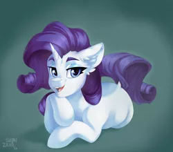 Size: 1432x1262 | Tagged: safe, artist:shini951, derpibooru import, rarity, pony, unicorn, ear fluff, female, gradient background, image, jpeg, lidded eyes, looking at you, lying down, mare, open mouth, open smile, prone, smiling, solo, supporting head, three quarter view