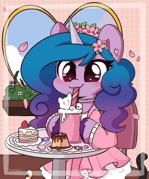 Size: 1702x2048 | Tagged: safe, artist:sakukitty, derpibooru import, izzy moonbow, pony, unicorn, my little pony: a new generation, spoiler:my little pony: a new generation, blushing, cake, clothes, dress, female, flan, flower, flower in hair, food, g5, ice cream, image, jpeg, mare, pudding, smiling, solo