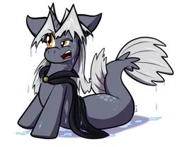 Size: 899x748 | Tagged: safe, artist:virmir, derpibooru import, oc, oc:virmare, unofficial characters only, pony, seapony (g4), unicorn, cape, clothes, fish tail, flowing tail, gray mane, horn, image, lying down, open mouth, orange eyes, png, seaponified, simple background, solo, species swap, tail, teeth, transparent background, water, wet