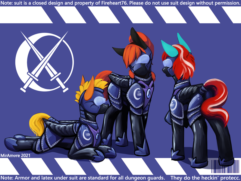 Size: 3200x2400 | Tagged: suggestive, alternate version, artist:miramore, derpibooru import, oc, oc:moonlit shadow, oc:nova blade, unofficial characters only, bat pony, pony, 2021, alternate universe, armor, armored pony, barcode, bat pony oc, bat wings, black coat, black fur, blank expression, bondage, boots, bound wings, closed suit design, clothes, collar, commission, crescent moon, design, donut steel, emblem, faceless female, faceless male, female, fireheart76's latex suit design, gimp, gimp suit, gloves, helmet, image, latex, latex boots, latex gloves, latex suit, lying down, male, mane, mare, mask, moon, night guard, night guard armor, offscreen character, orange coat, orange fur, orange mane, orange tail, paint tool sai, png, red mane, red tail, rubber suit, shiny, shoes, signature, simple background, striped mane, sword, tail, text, visor, weapon, wings, yellow mane, yellow tail