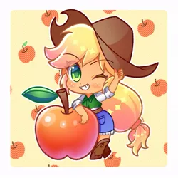 Size: 853x853 | Tagged: safe, artist:yukiha_321, derpibooru import, applejack, apple, chibi, colored pupils, cute, food, image, jackabetes, jpeg, looking at you, one eye closed, smiling, solo, wink