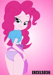 Size: 2480x3508 | Tagged: suggestive, alternate version, artist:excelso36, derpibooru import, part of a set, pinkie pie, equestria girls, balloonbutt, bedroom eyes, butt, clothes, female, image, jpeg, looking at you, looking back, looking back at you, panties, simple background, solo, solo female, underwear