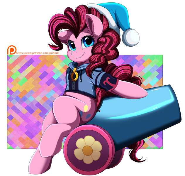 Size: 3846x3655 | Tagged: safe, artist:pridark, derpibooru import, pinkie pie, earth pony, pony, clothes, cutie mark, female, high res, image, looking at you, mare, party cannon, patreon, patreon reward, png, smiling, solo