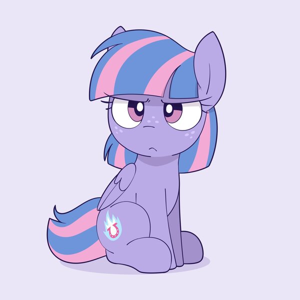 Size: 1557x1557 | Tagged: safe, artist:shinodage, ponybooru import, wind sprint, pegasus, pony, angry, cute, female, filly, foal, frown, grumpy, image, jpeg, looking at you, madorable, simple background, sitting, solo, sprintabetes