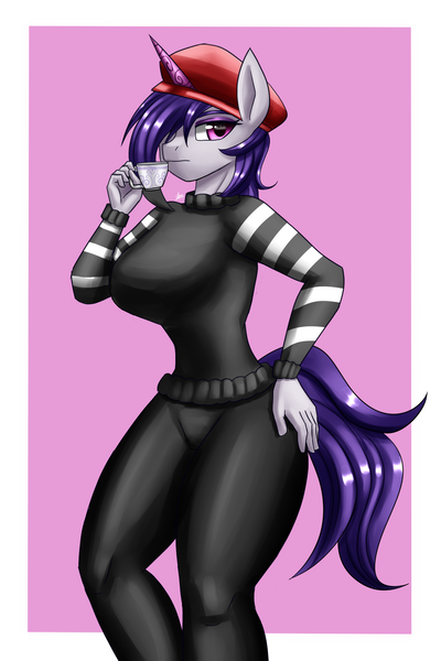 Size: 1400x2100 | Tagged: safe, artist:zachc, derpibooru import, onyx, anthro, unicorn, beret, clothes, commission, cup, female, g5, hat, image, looking at you, png, solo, teacup