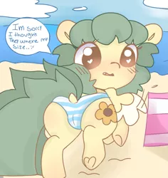 Size: 1099x1164 | Tagged: suggestive, artist:mushy, derpibooru import, oc, oc:pea, beach, blushing, clothes, foalcon, image, png, swimsuit, underage, underwear