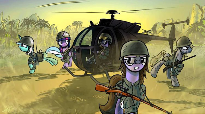 Size: 720x399 | Tagged: safe, artist:dori-to, derpibooru import, lyra heartstrings, twilight sparkle, oc, glasses, gun, helicopter, helicopter pilot, helmet, image, landing, photo, png, rifle, sniper rifle, soldier pony, usmc, vietnam, vietnam war, weapon