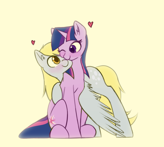 Size: 3000x2700 | Tagged: safe, artist:adamscage, derpibooru import, derpy hooves, twilight sparkle, pegasus, pony, unicorn, blushing, colored pupils, female, heart, hug, image, lesbian, looking at each other, png, shipping, simple background, sitting, spread wings, tan background, twerpy, unicorn twilight, winghug, wings