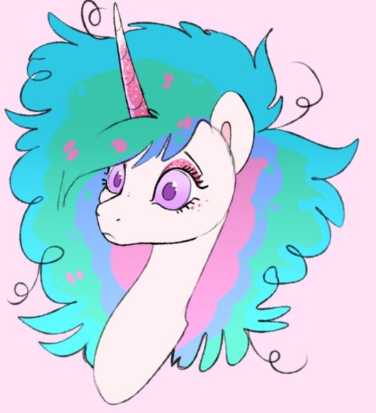 Size: 672x737 | Tagged: safe, artist:woollyart, derpibooru import, princess celestia, alicorn, pony, bust, colored pupils, curved horn, disheveled, eyeshadow, female, horn, image, jpeg, makeup, mare, messy mane, pink background, simple background, solo, sparkles, surprised, wide eyes