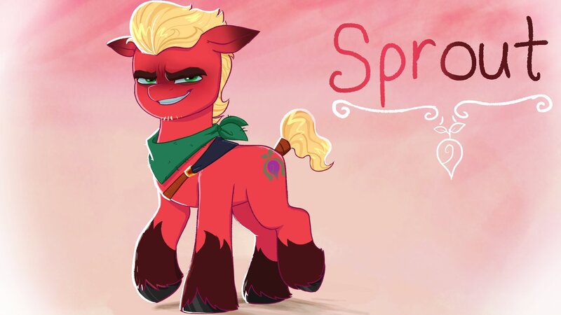 Size: 1920x1080 | Tagged: safe, artist:justinmacklis, derpibooru import, sprout cloverleaf, earth pony, pony, coat markings, eyebrows, g5, image, jpeg, kerchief, male, redesign, socks (coat marking), solo, stallion, stubble, tail, tail wrap