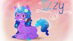 Size: 1920x1080 | Tagged: safe, artist:justinmacklis, derpibooru import, izzy moonbow, pony, unicorn, coat markings, facial markings, female, flower, flower in hair, g5, image, jewelry, jpeg, mare, mouth hold, necklace, paint, paintbrush, ponyloaf, redesign, smiling, solo, star (coat marking)