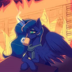 Size: 2048x2048 | Tagged: safe, artist:yumkandie, derpibooru import, princess luna, alicorn, pony, coffee mug, female, fireplace, glow, glowing horn, horn, image, jpeg, levitation, magic, mare, mug, server, shiftonsecurity, telekinesis