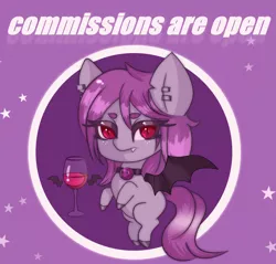 Size: 1164x1113 | Tagged: safe, artist:munrei, derpibooru import, oc, oc:purple fullmoon, bat pony, pony, alcohol, bat wings, chibi, commission, ear piercing, gag, image, jpeg, piercing, solo, wine, wings