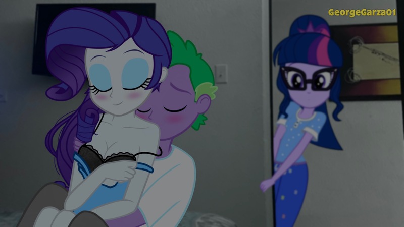 Size: 3638x2048 | Tagged: suggestive, artist:georgegarza01, derpibooru import, rarity, sci-twi, spike, twilight sparkle, human, equestria girls, blushing, bra, bra strap, breasts, busty rarity, cleavage, clothes, eyes closed, eyeshadow, female, glasses, hug, hug from behind, human spike, humanized, image, jpeg, makeup, male, pajamas, shipping, sparity, straight, strap slip, underwear, undressing