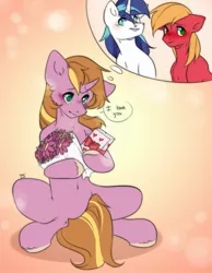 Size: 1679x2160 | Tagged: safe, artist:pledus, author:bigonionbean, derpibooru import, big macintosh, shining armor, oc, oc:dental authority, oc:home defence, earth pony, pony, unicorn, blushing, bouquet, bouquet of flowers, commissioner:bigonionbean, cutie mark, dialogue, flower, fusion, fusion:dental authority, fusion:home defence, image, jpeg, male, present, sitting, stallion, thought bubble