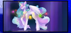 Size: 1280x596 | Tagged: safe, artist:wifflethecatboi, derpibooru import, princess celestia, alicorn, pony, digital art, element of generosity, element of honesty, element of kindness, element of laughter, element of loyalty, element of magic, elements of harmony, feather, female, flowing mane, flowing tail, gem, glow, glowing horn, horn, image, jewelry, jpeg, magic, pink eyes, reflection, regalia, signature, simple background, solo, tail, wings