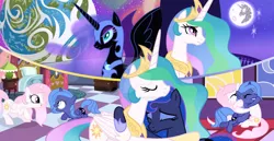 Size: 1024x528 | Tagged: safe, artist:velveagicsentryyt, derpibooru import, nightmare moon, princess celestia, princess luna, pony, cewestia, earth, female, filly, hug, image, jpeg, mare in the moon, moon, woona, younger