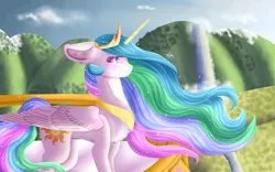 Size: 1131x707 | Tagged: safe, artist:lightrose1, derpibooru import, princess celestia, alicorn, pony, canterlot, chest fluff, cloud, crown, ethereal mane, feather, female, flowing mane, flowing tail, folded wings, glow, glowing horn, horn, image, jewelry, jpeg, lookout, mountain, pink eyes, regalia, signature, sky, smiling, solo, starry mane, sun, sunlight, tail, water, waterfall, wings