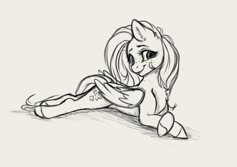 Size: 3164x2228 | Tagged: safe, artist:miokomata, derpibooru import, fluttershy, pegasus, pony, chest fluff, crossed hooves, cute, female, freckles, freckleshy, gray background, grayscale, image, jpeg, looking at you, lying down, mare, monochrome, prone, shyabetes, simple background, smiling, smiling at you, solo
