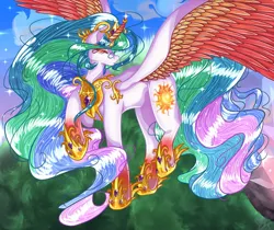 Size: 976x819 | Tagged: safe, artist:urbanarts5, derpibooru import, princess celestia, alicorn, pony, cloud, crown, dawn, ethereal mane, eyes closed, feather, female, flowing mane, flowing tail, gem, grass, hoof shoes, horn, image, jewelry, jpeg, raised hoof, regalia, sky, solo, sparkles, spread wings, starry mane, tail, wings