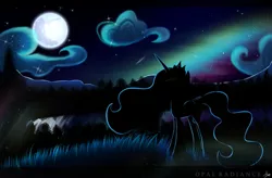 Size: 1102x725 | Tagged: safe, artist:opal_radiance, derpibooru import, princess celestia, alicorn, pony, aurora borealis, cloud, crown, female, flowing mane, flowing tail, folded wings, grass, hoof shoes, horn, image, jewelry, jpeg, looking up, moon, moonlight, night, regalia, sky, solo, stars, tail, tree, wings