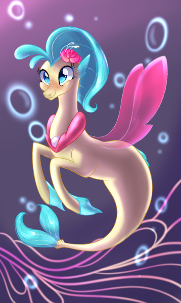 Size: 1147x1920 | Tagged: artist needed, safe, derpibooru import, princess skystar, seapony (g4), my little pony: the movie, blue eyes, blue mane, bubble, dorsal fin, female, fins, fin wings, fish tail, flower, flower in hair, flowing tail, freckles, image, jewelry, jpeg, necklace, pearl necklace, purple background, simple background, smiling, solo, tail, underwater, water, wings