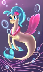 Size: 1147x1920 | Tagged: artist needed, safe, derpibooru import, princess skystar, seapony (g4), my little pony: the movie, blue eyes, blue mane, bubble, dorsal fin, female, fins, fin wings, fish tail, flower, flower in hair, flowing tail, freckles, image, jewelry, jpeg, necklace, pearl necklace, purple background, simple background, smiling, solo, tail, underwater, water, wings