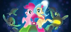 Size: 1544x694 | Tagged: safe, derpibooru import, pinkie pie, princess skystar, earth pony, pony, seapony (g4), turtle, my little pony: the movie, blue eyes, blue mane, bubble, dorsal fin, female, fin wings, fins, freckles, image, jewelry, jpeg, necklace, ocean, one small thing, open mouth, open smile, pearl necklace, pink mane, seaponified, seapony pinkie pie, seaquestria, smiling, species swap, swimming, underwater, water, wings